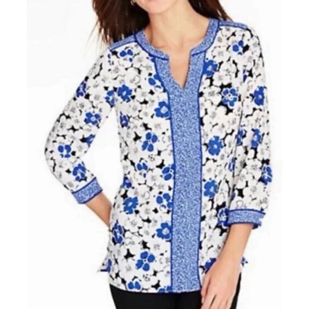 Talbots Womens Tunic Top Sz 16 Petite Blue White Floral Split Neck Classic